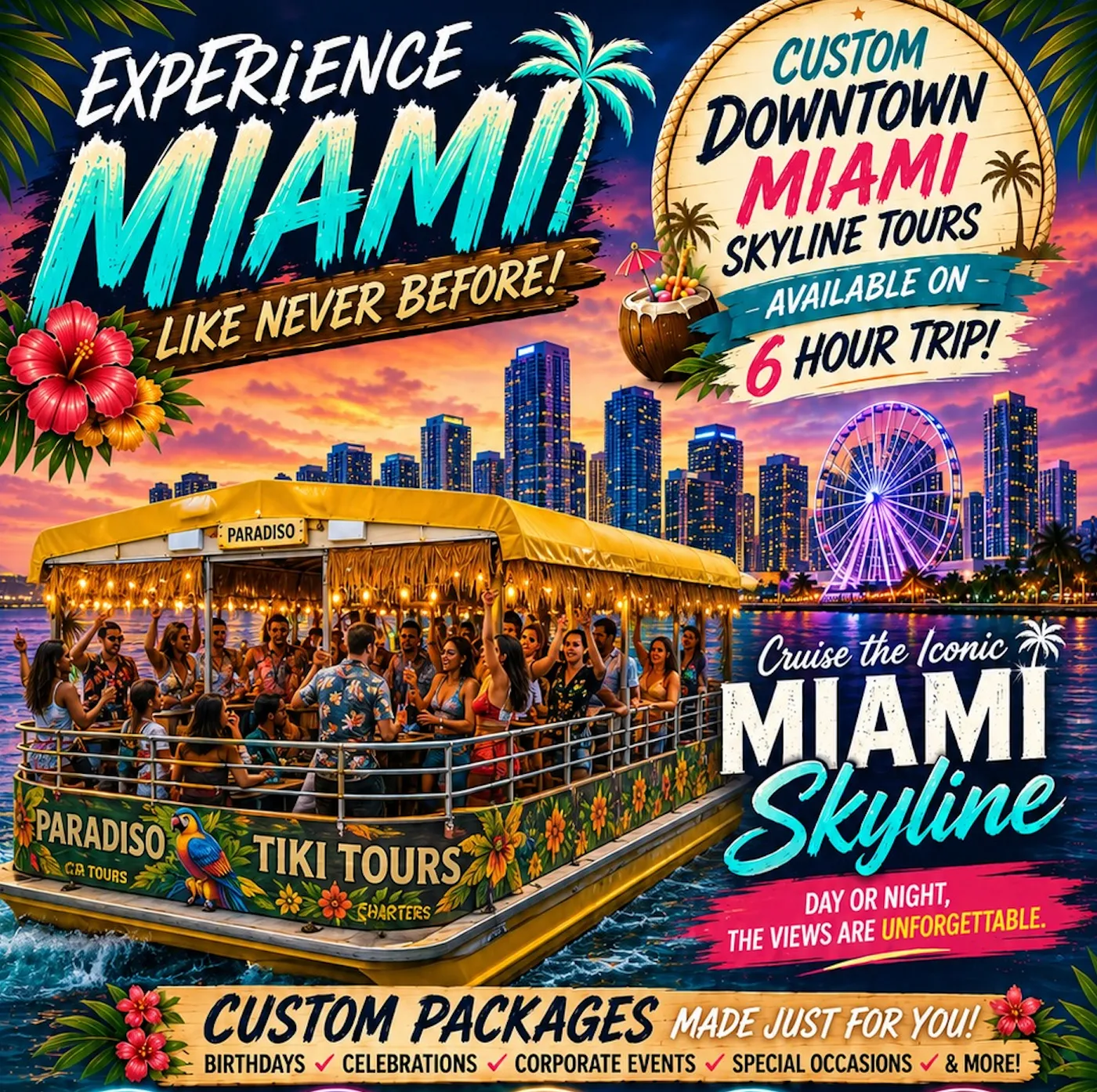 Experience Miami — cruise the iconic downtown skyline on the Tiki Paradiso